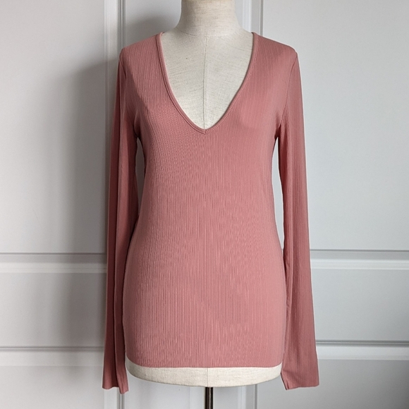 rag & bone Zoe Top Deep Vee Long Sleeve Ribbed Crepe Fitted Mauve L NWT - Picture 1 of 14